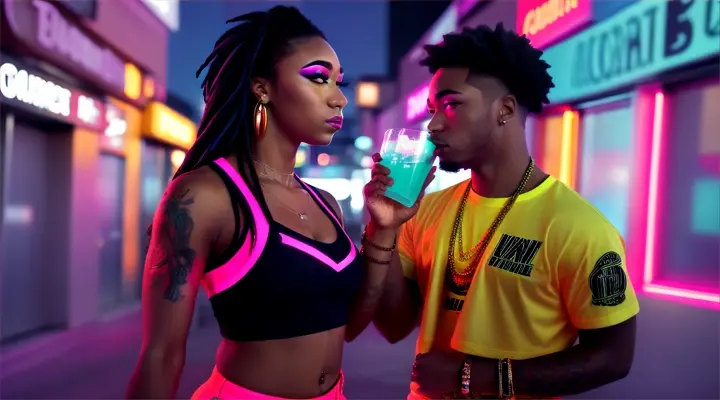 couple of hiphop dancers in neon style having a drink