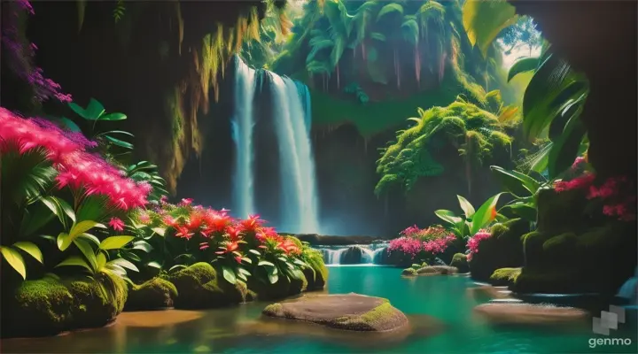 A hidden waterfall in a jungle, surrounded by exotic flowers and plants