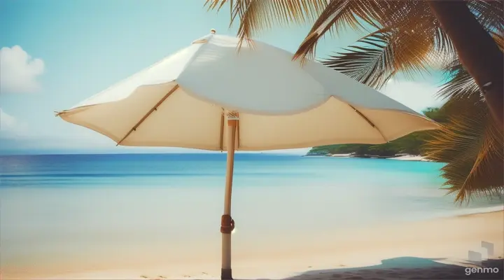 A tranquil beach scene, a billowing umbrella framing a peaceful seascape