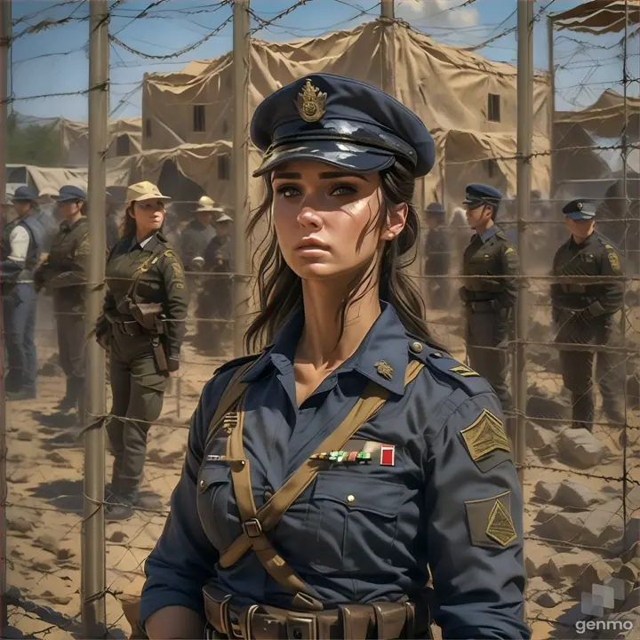 a woman in uniform standing in front of a fence