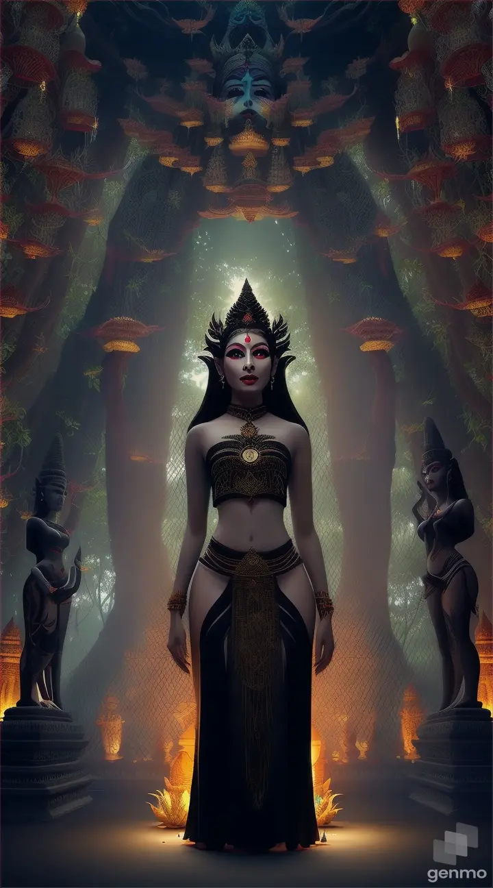 An ultra surrealistic cinematic In an abandoned ancient Majapahit Hinduism temple, with Siva statues and plants roots, in a remote jungle of Indonesia, (((long distance shot))) a beautiful Jakarta female model as an ancient Javanese demon ghost wears an ancient traditional Javanese black attire with extremely white pale skin and red eyes screaming out loud still and calmly in the air, surrounded by fireflies, surrealism, horror, moonlit night, thick smokes, unlogicaly realistic 