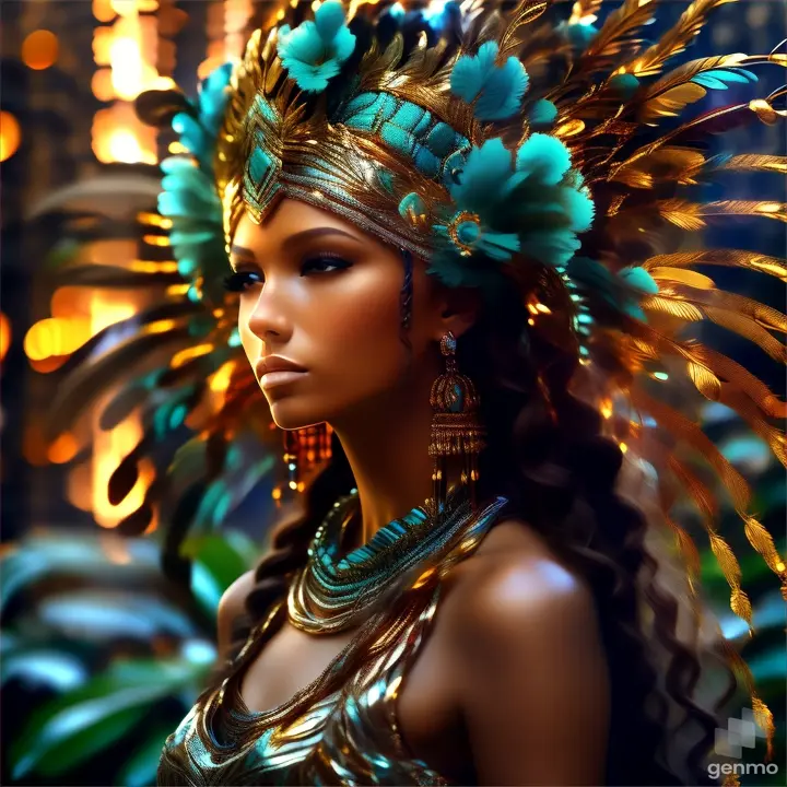 a woman wearing a headdress made of gold and turquoise feathers