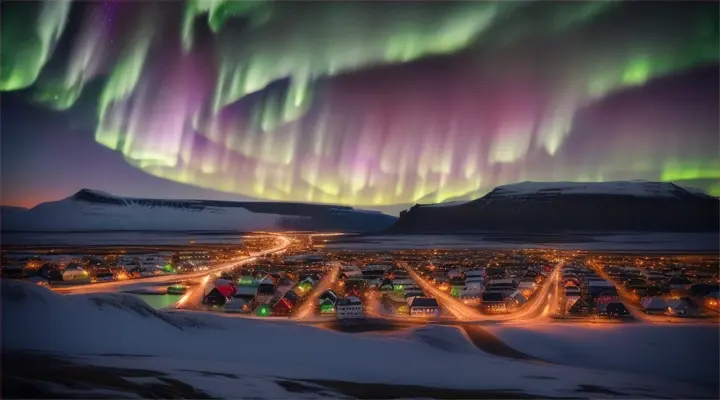 the Northern lights over an Icelandic town, stunning landscape 