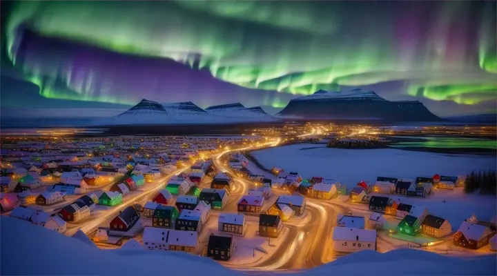 the Northern lights over an Icelandic town, stunning landscape 