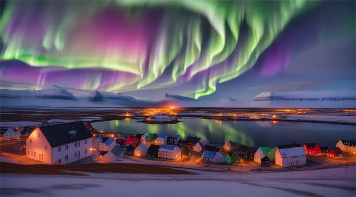 the Northern lights over an Icelandic town, stunning landscape 