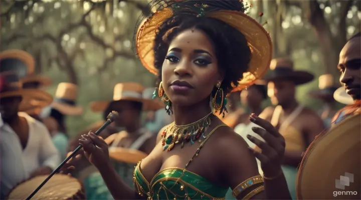 A voodoo sermon performed by an attractive creole voodoo queen dancing and singing, other creole and black people attending are beating on drums while singing at the bank of a cypress swamp in New Orleans area.