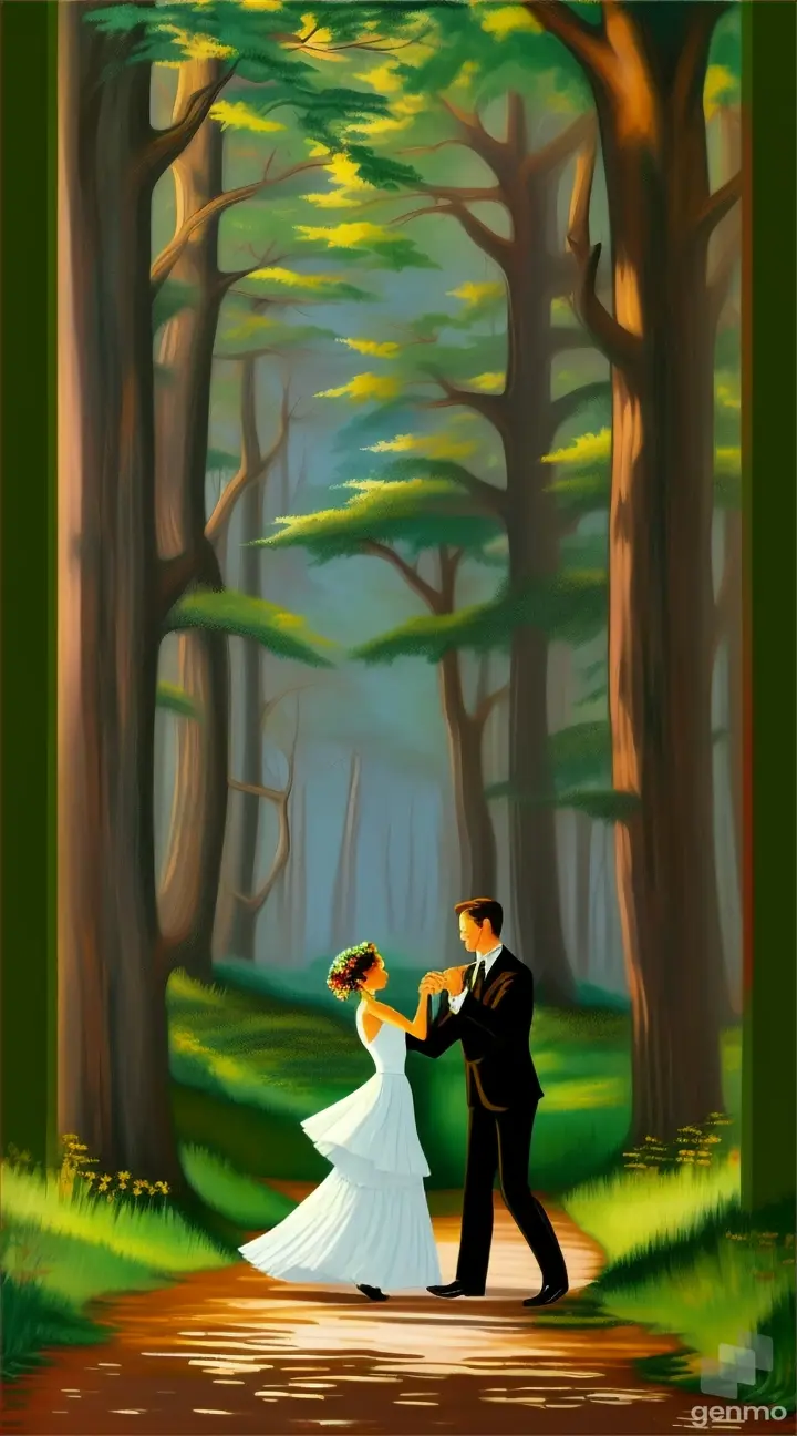 a painting of two people dancing in the woods