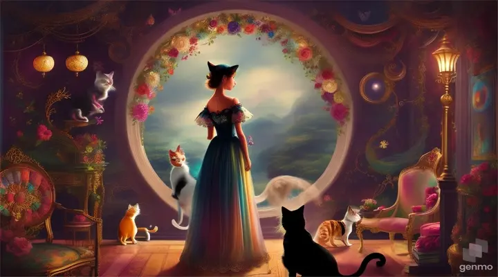 “The image is a highly detailed and colorful artwork that features a person with their face blurred out, adorned with elaborate accessories and accompanied by a cat. The person’s attire and surroundings are richly decorated, giving an ethereal or fantastical appearance. horizontal image”
Seed: 39001940141280x2304Public