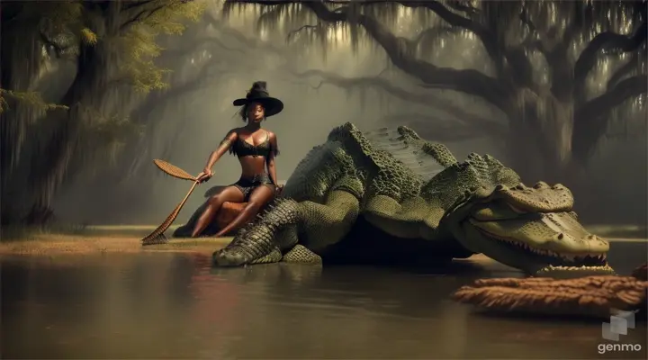 An attractive creole voodoo queen petting a very large alligator on the bank of a bald cypress swamp while from som distance her creole followers beat their drums.