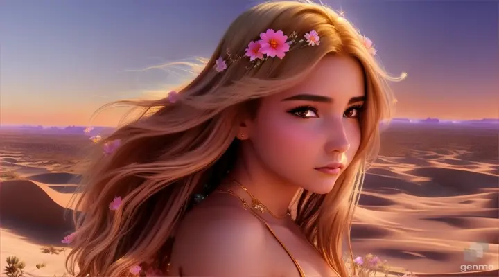 chica hermosa en el desierto magico con flores flotando caricatura anime 3D 4k”