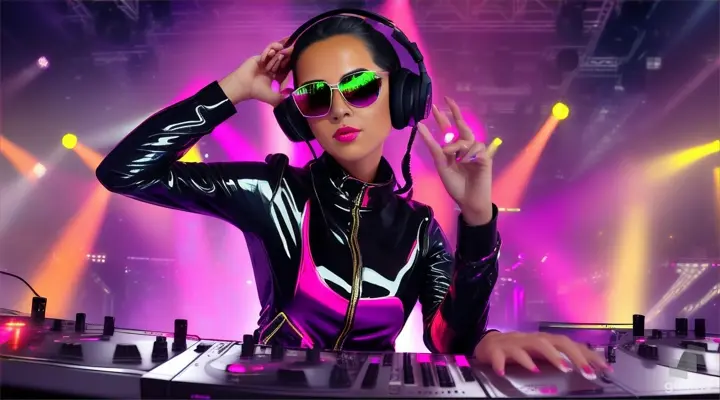 A female DJ in sunglasses, sparkling headphones and a latex jumpsuit with a large neckline plays techno music on a mixing console for a lot of people in the club. Laser beams of bright colors on the background of large television screens.