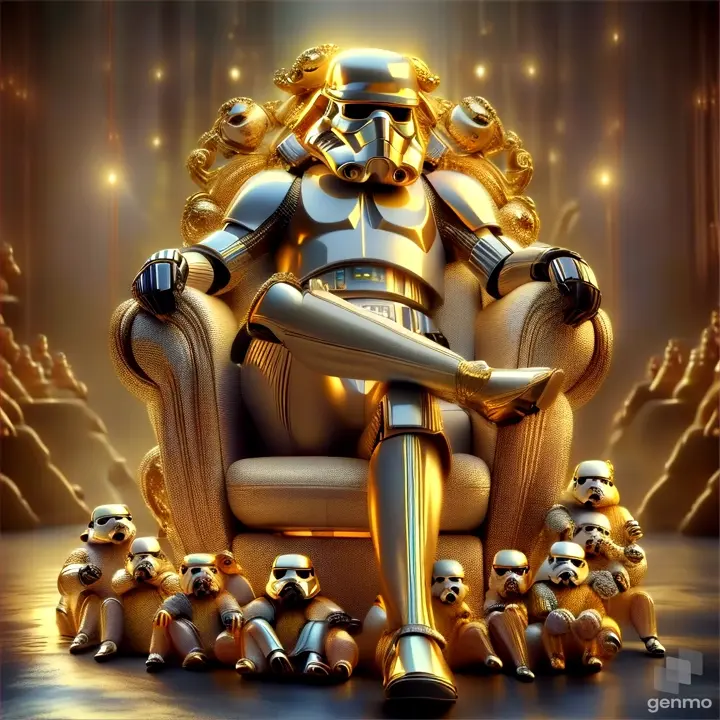 a storm trooper sitting in a chair surrounded by ewoks