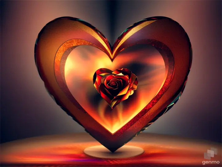 A heart-shaped rose of stained glass shattering into diamond-like embers with ember-like flames in the background