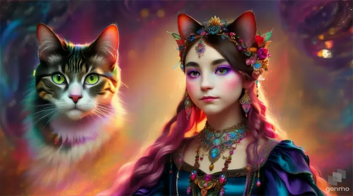 “The image is a highly detailed and colorful artwork that features a person with their face blurred out, adorned with elaborate accessories and accompanied by a cat. The person’s attire and surroundings are richly decorated, giving an ethereal or fantastical appearance. horizontal image”