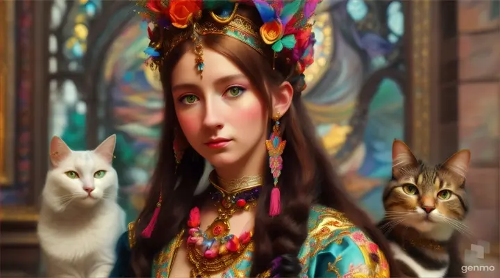 “The image is a highly detailed and colorful artwork that features a person with their face blurred out, adorned with elaborate accessories and accompanied by a cat. The person’s attire and surroundings are richly decorated, giving an ethereal or fantastical appearance. horizontal image”
Seed: 39001940141280x2304Public