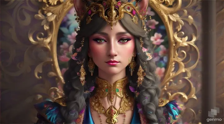 “The image is a highly detailed and colorful artwork that features a person with their face blurred out, adorned with elaborate accessories and accompanied by a cat. The person’s attire and surroundings are richly decorated, giving an ethereal or fantastical appearance. horizontal image”
Seed: 39001940141280x2304Public