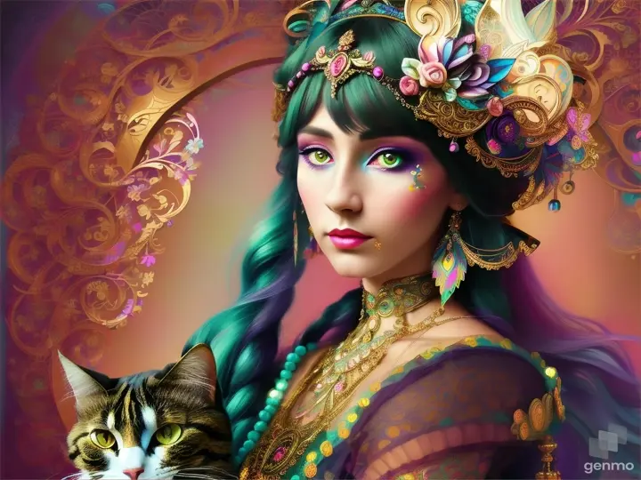 “The image is a highly detailed and colorful artwork that features a person with their face blurred out, adorned with elaborate accessories and accompanied by a cat. The person’s attire and surroundings are richly decorated, giving an ethereal or fantastical appearance. horizontal image”
Seed: 39001940141280x2304Public