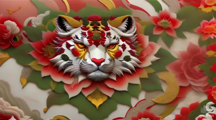 Give me a red camellia flower, vine and yawning tiger Yakuza inspired design that I can use as inspiration for embroidered trim and beaded panels. Red, dark green, silver, white and sometimes yellow, 16:9.