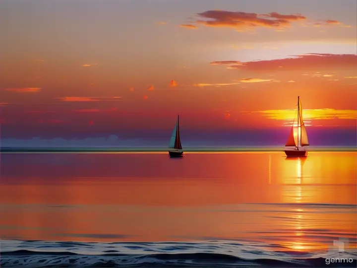 Sailing at sunset with a view of the horizon, calming and serene, oil on canvas