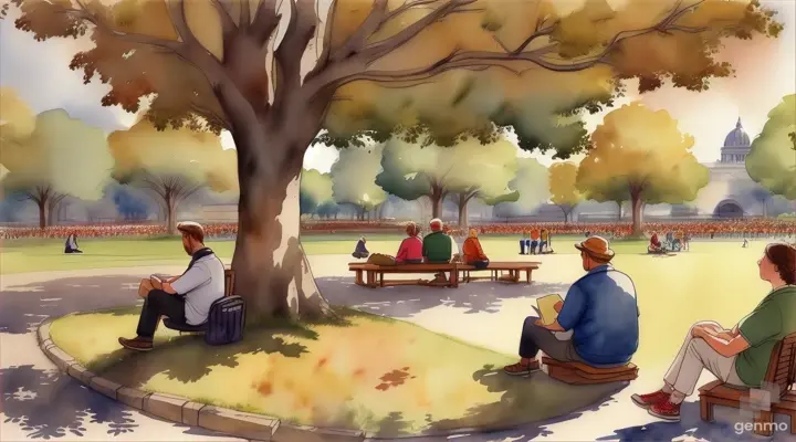 فيلسوف يجلس مع الناس على الأرض في الحديقة، رسم باليد مبتكر horizontal 