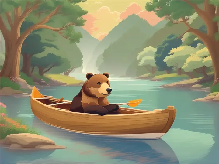 A cute cartoon brown bear rowing a beautiful boat down the stream 