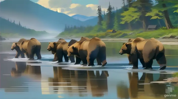 a group of brown bears walking across a river