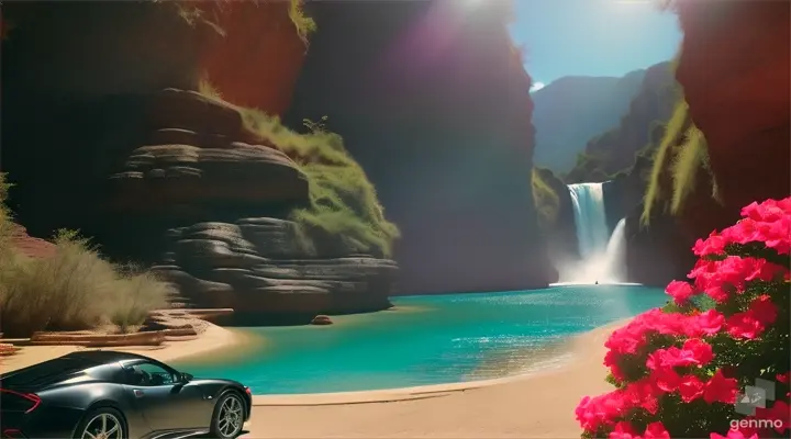 A girl in a bikini lounges next to an SUV,  in a canyon oasis with a waterfall in the distance