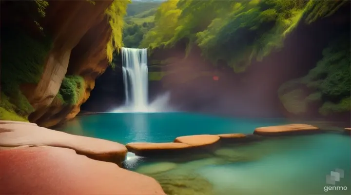 Lush rolling hills, vibrant foliage, deserted waterfall and red-bikini girl diving into the clear pool