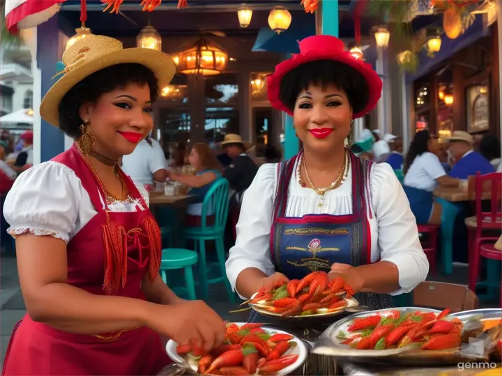 Crawfish cusine served on plates by creole girls i traditional dress to customers at a Cajun outside restaurant at the habor in New Orleans.