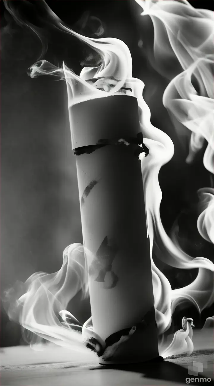 A black and white noir style composition of a cigarette smoke, with ink splatters adding texture