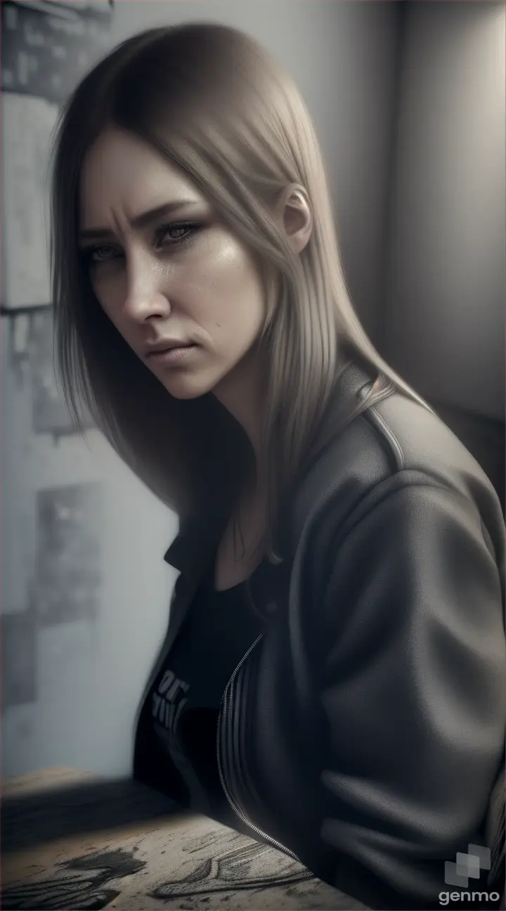 hyper-realistic Imagination of female rock star collapsing , lost in the city climate, sad atmosphere, crying feelings, fused with drawing on the wall of blocks. Hyper realistic, gray details, HDR quality, concept art 8K.