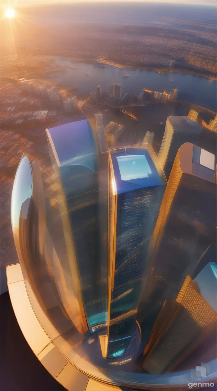 360 view from a luxury penthouse with a sunlit horizon and blue sky overhead
