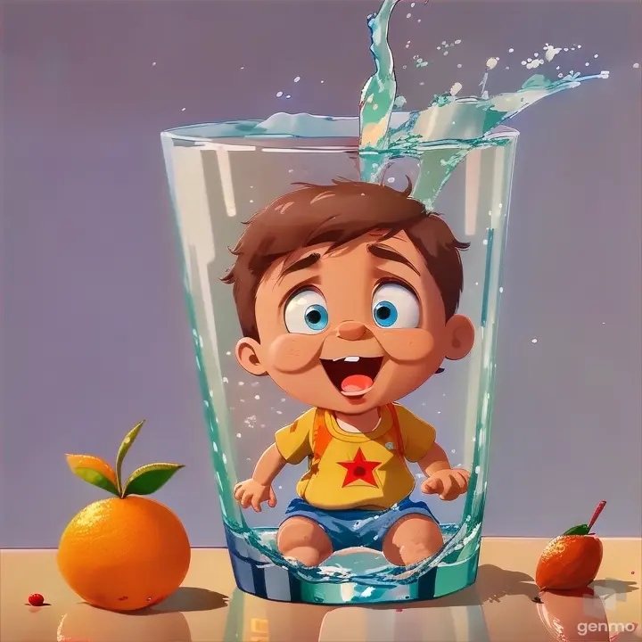 a cartoon boy sitting in a glass of water next to an orange