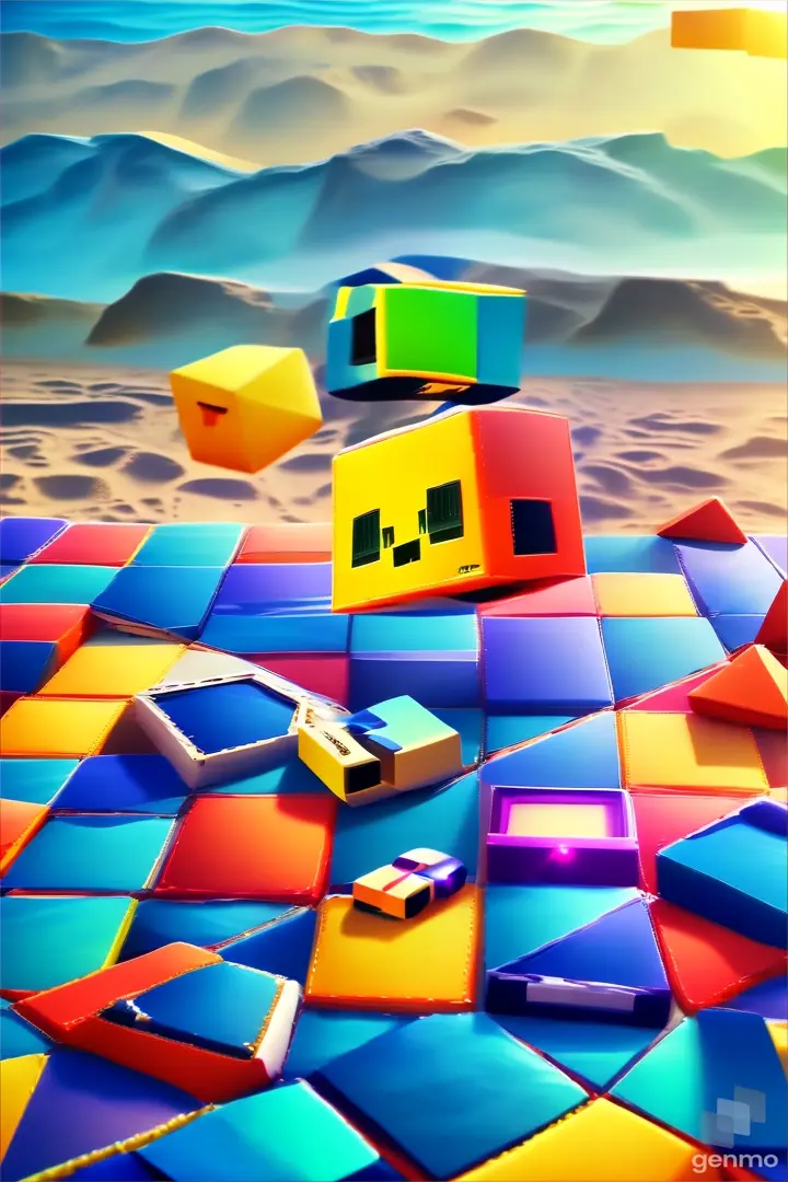 a computer generated image of a cube on a beach