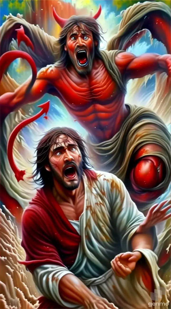 a painting of a demon attacking a man