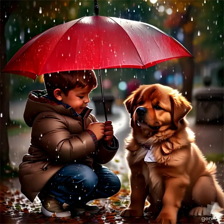 a little boy kneeling down next to a dog under an umbrella