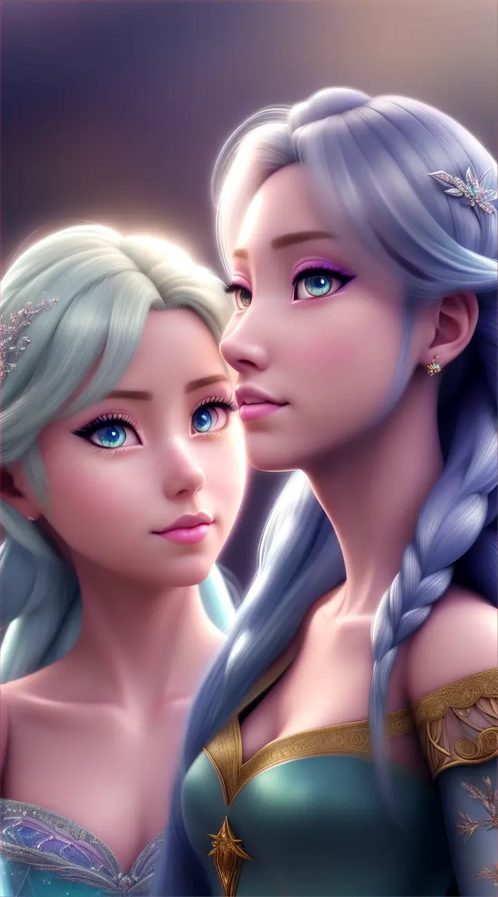 The most beautiful Anime Ana and Elsa, closed up, fantasy style 