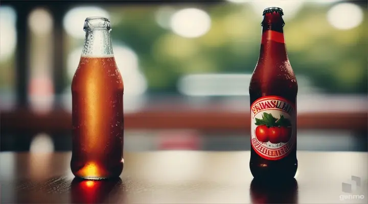 A bottle of chilled tomato beer close-up stands on the table and drops of dew flow from it. In the background, a girl with dyed hair is looking at her