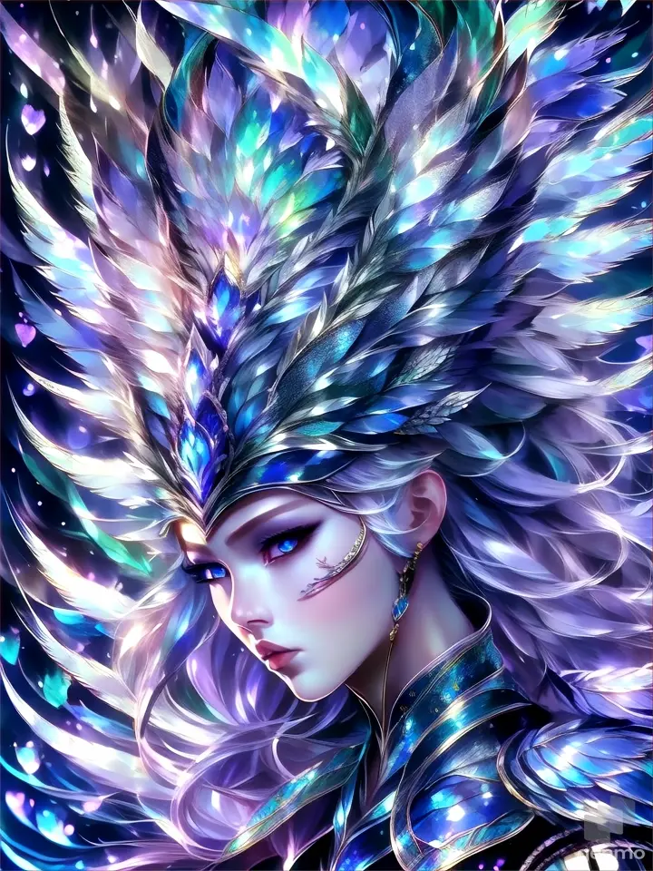 a woman with blue hair and wings on her head