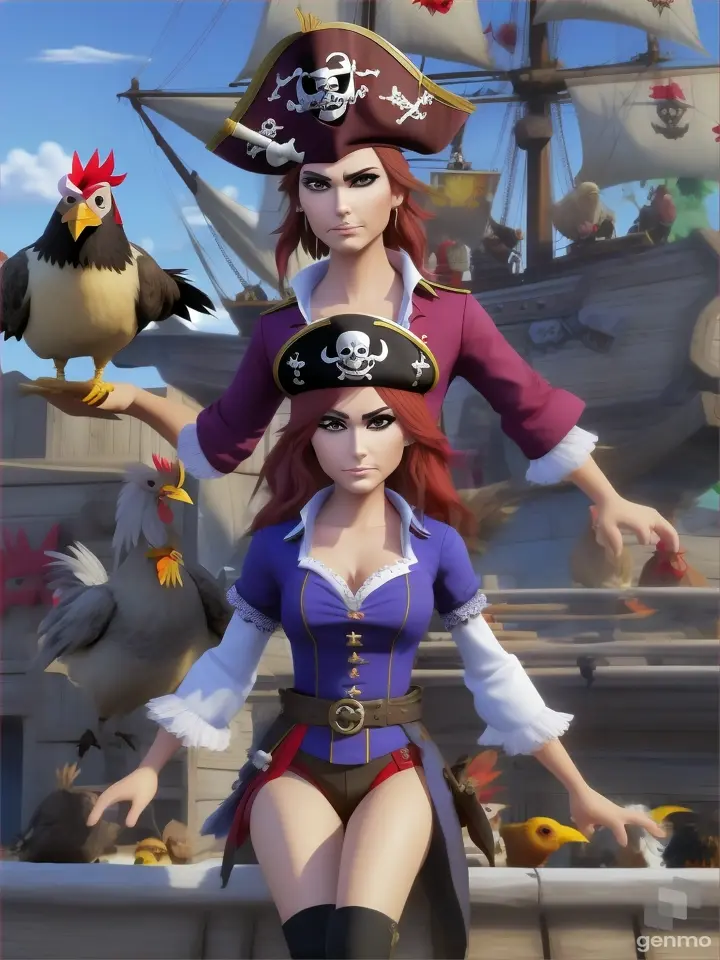 angry man pirate and angry lady pirate, crazy mad chickens craw all over the pirates, chickens jump on the pirates