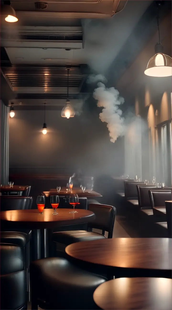 create a video in the hall of a restaurant, smoke is coming from the exhaust system in the catering unit where food is prepared. A full hall of visitors, some visitors are sitting at tables, some are getting up and about to leave the restaurant. In the center of the hall, a chef in a white uniform walks around and gestures with his hands and asks for forgiveness from the visitors.