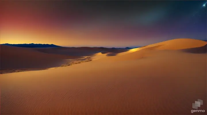 Eine mystische Wüstenlandschaft, in der sich goldene Dünen erstrecken und der Nachthimmel von unzähligen funkelnden Sternen durchzogen ist.