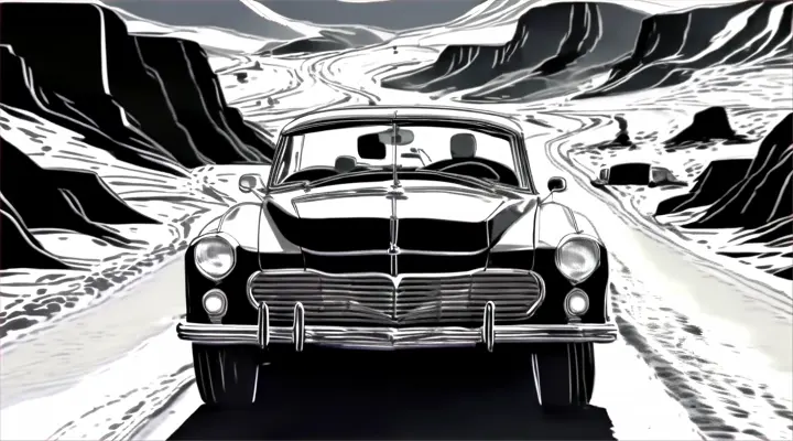 a black and white illustration of an old car being driven down a barren desert canyon