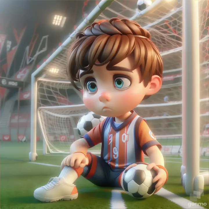 a little boy sitting in front of a soccer goal