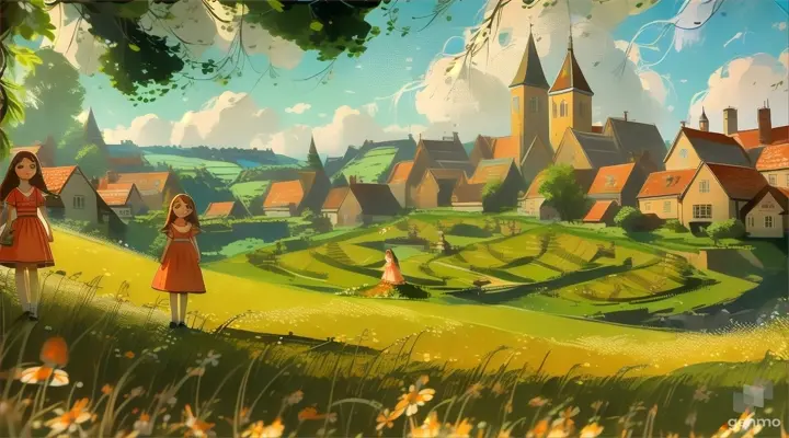 a painting of a girl in a red dress standing in a field