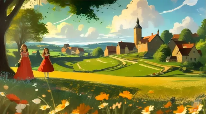 a painting of a one girl in a red dress standing in a field