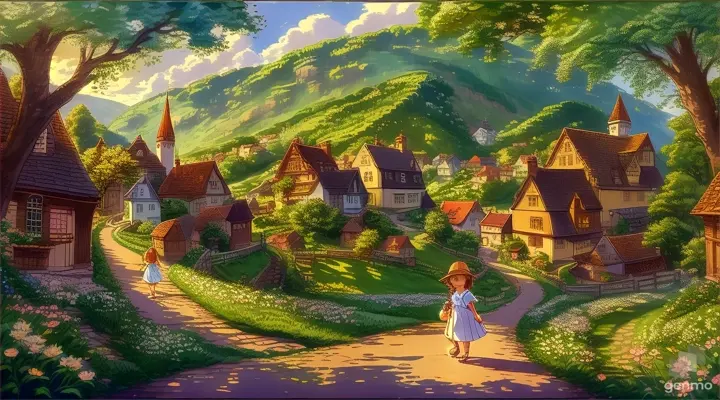 a painting of one little girl walking down a road