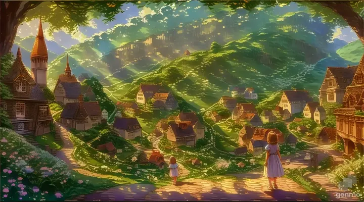 a painting of one little girl standing down a road