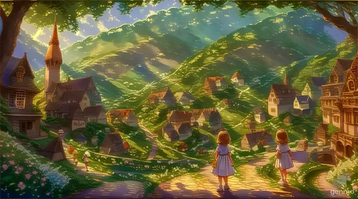 a painting of one little girl standing a road