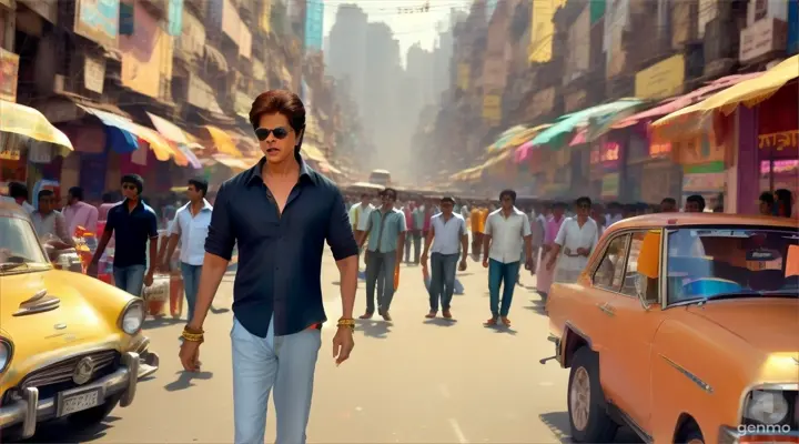 Scene 1:
[Open with a bustling street in Mumbai, where Shahrukh Khan, wearing sunglasses and a casual outfit, walks confidently amidst the crowd. The sound of honking cars and chatter fills the air.]
